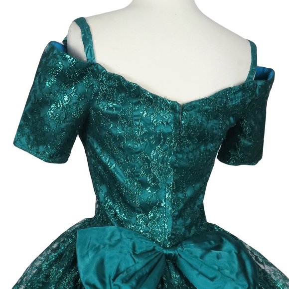 Vintage 80s Gunne Sax Green Metallic Lurex Floral Lace Full Skirt Prom Dress S - Picture 11 of 12